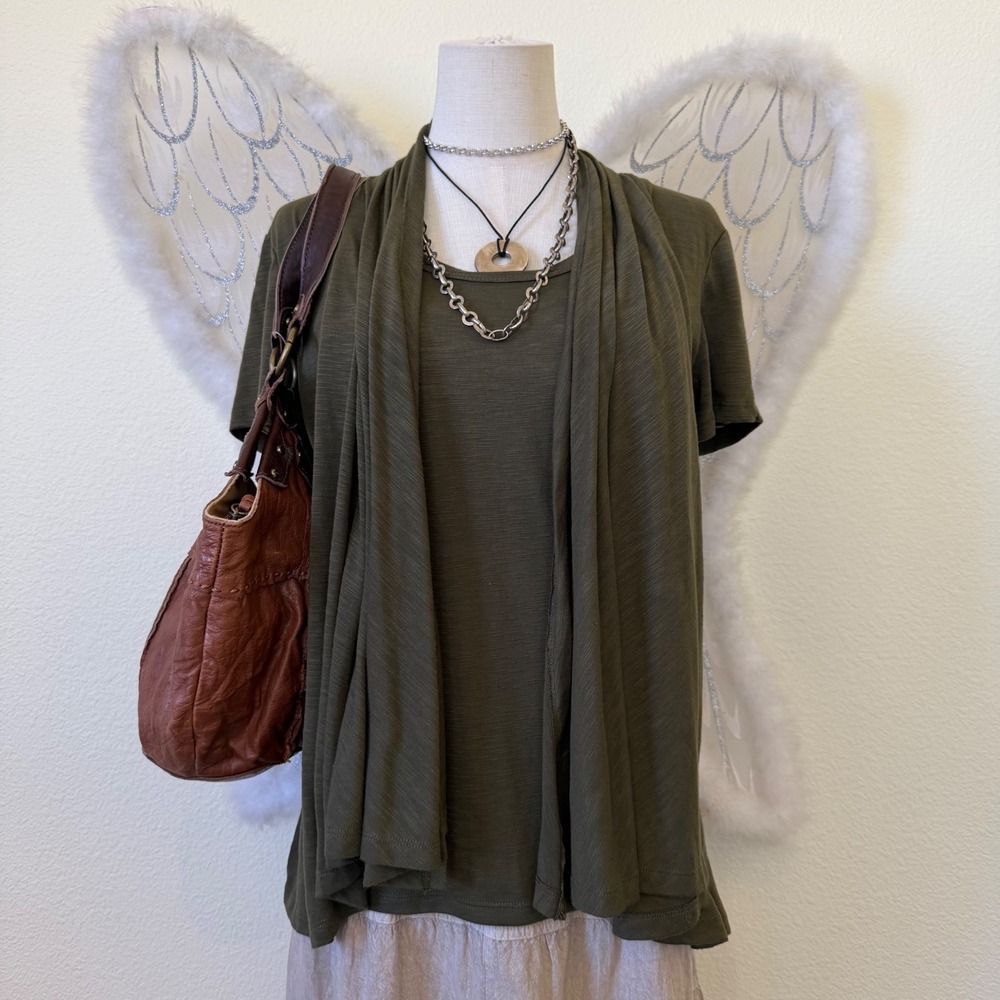 Indie Boho Grunge 2000s Olive Green Draped Cardigan Top Shirt Layered‎ Flowy